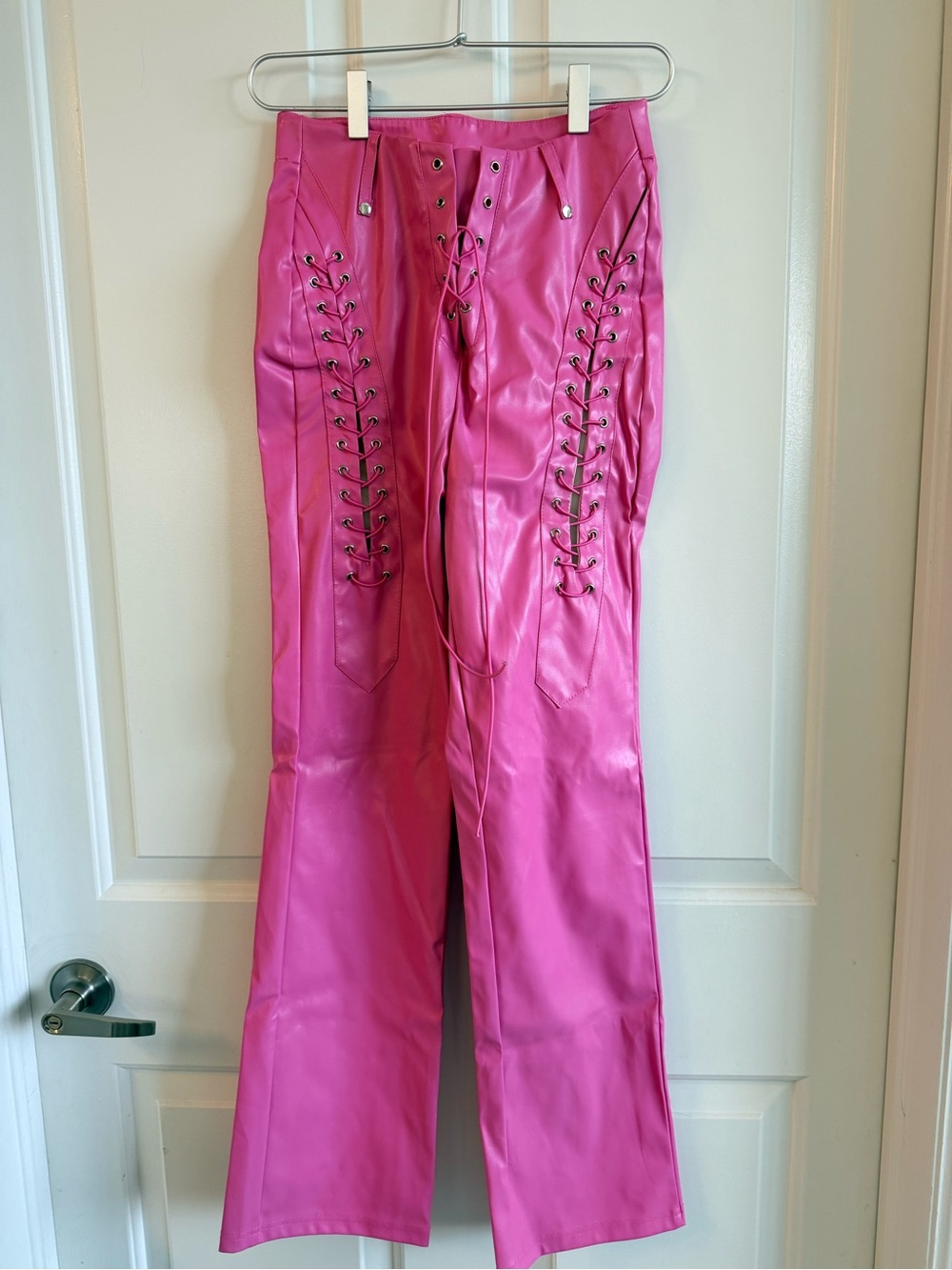 Fuchsia Lace-Up Faux Leather Flare Pants